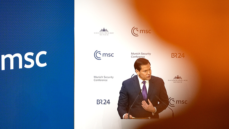 Secretario de Estado de EEUU Marco rubio durante su discurso en la Conferencia de Munich, Alemania. Foto: /VCG